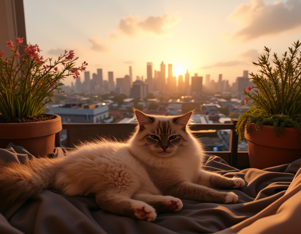 Cat relaxes on a rooftop terrace, enjoying the serenity above the urban buzz.